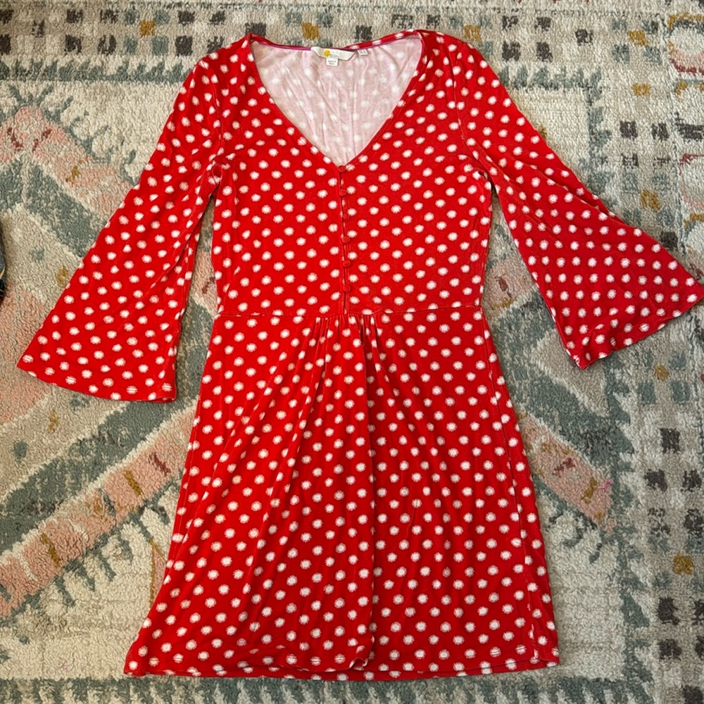 Boden red dress with bell quarter length sleeves